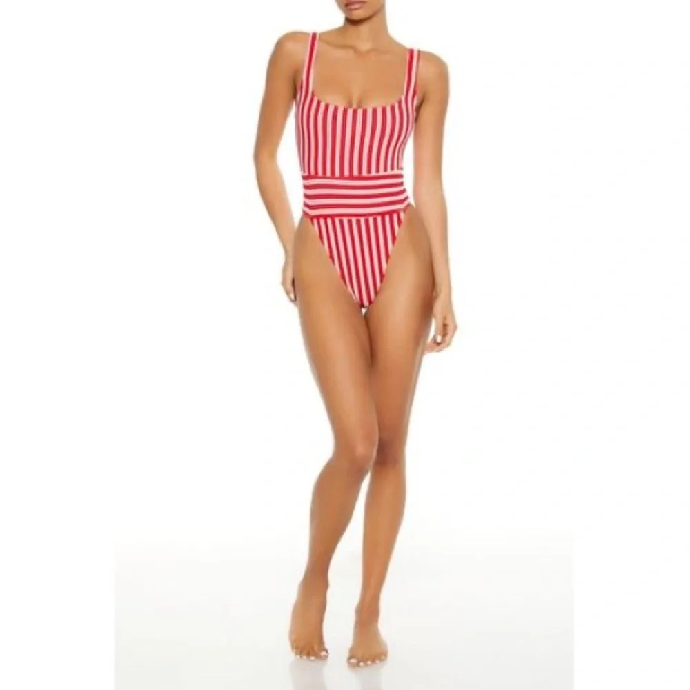 Forever 21 Red White Striped Terry Monokini High-Leg One-Piece Swimsuit – Size L - Picture 12 of 13